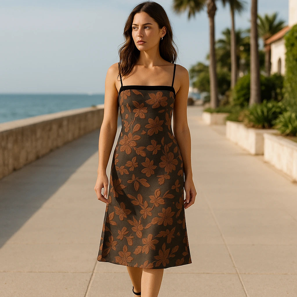 Second natural lifestyle image of a model wearing Caramel Floral Slip Midi Dress Sleeveless Polyester Textured Occasion Summer