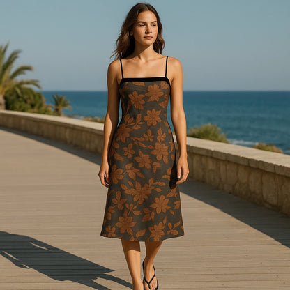 Third natural lifestyle image of a model wearing Caramel Floral Slip Midi Dress Sleeveless Polyester Textured Occasion Summer