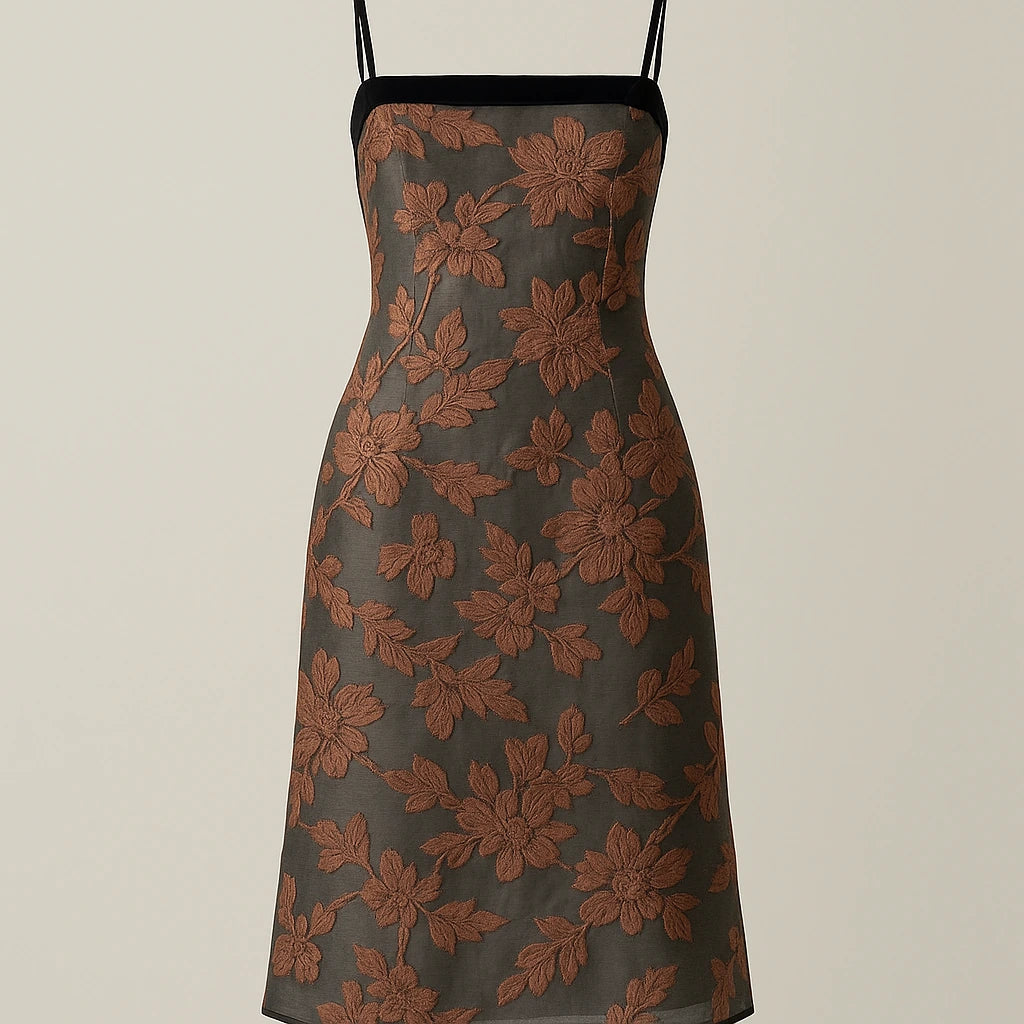 Isolated product image of Caramel Floral Slip Midi Dress Sleeveless Polyester Textured Occasion Summer on simple background
