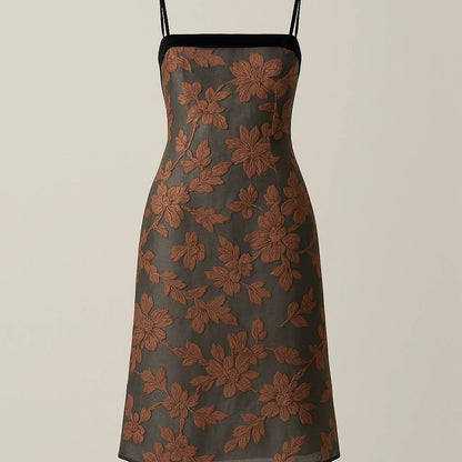 Isolated product image of Caramel Floral Slip Midi Dress Sleeveless Polyester Textured Occasion Summer on simple background