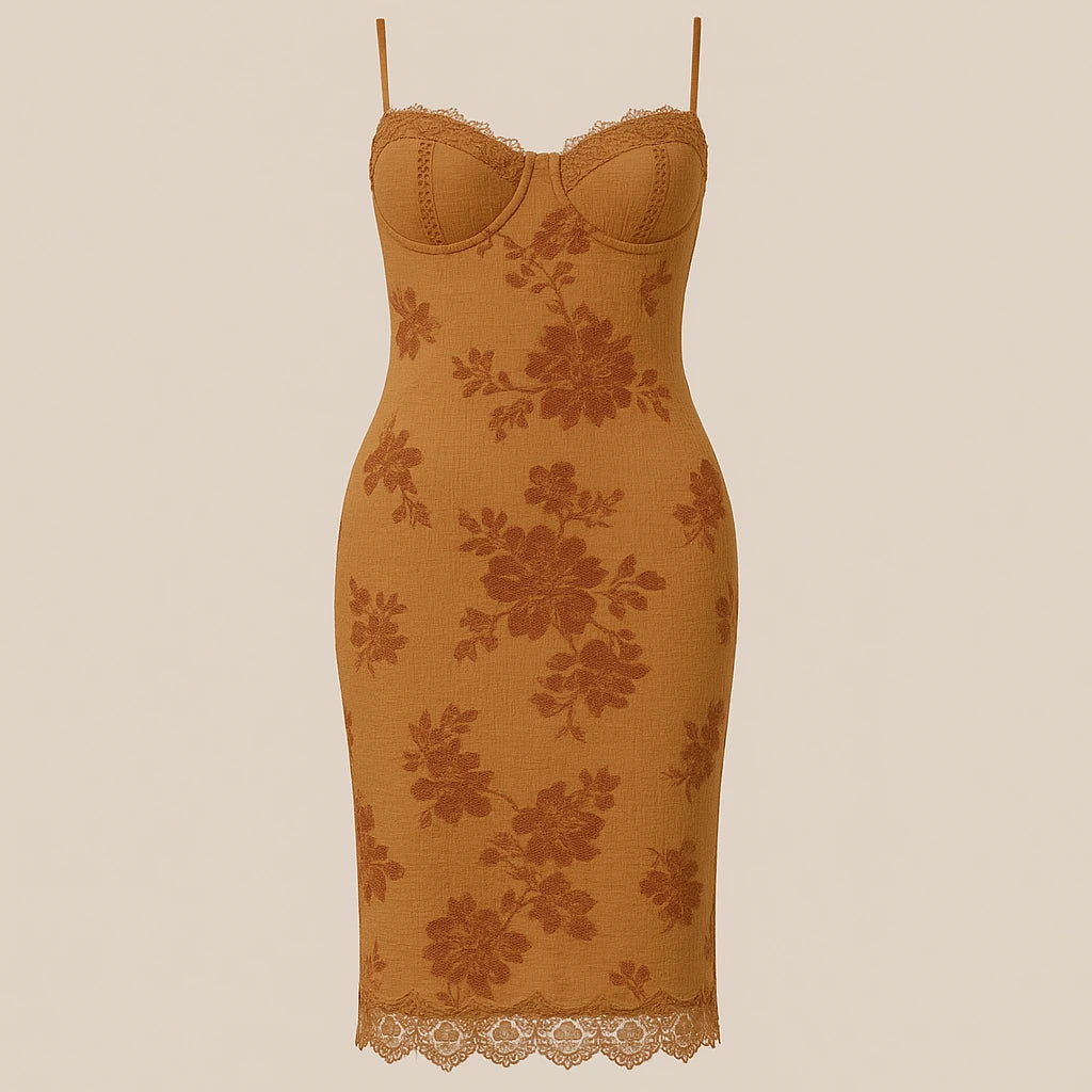Isolated product image of Caramel Floral Slip Midi Dress Sleeveless Polyester Textured Occasion Summer, front view