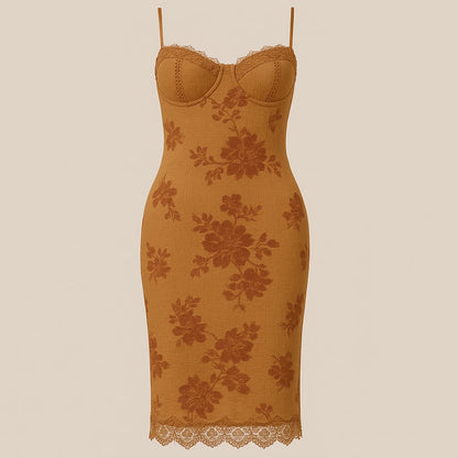 Isolated product image of Caramel Floral Slip Midi Dress Sleeveless Polyester Textured Occasion Summer, front view
