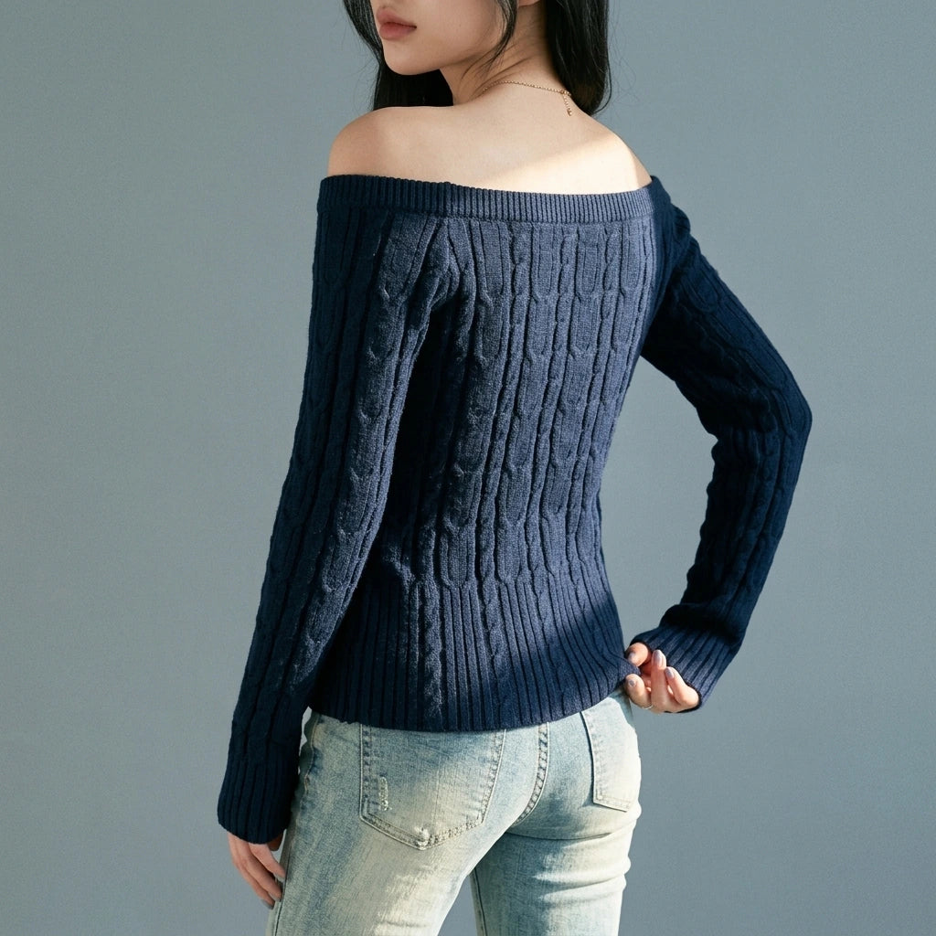 Chunky Knit Off-Shoulder Grey Sweater Top for Women, Long Sleeve, Short Length — variant_front