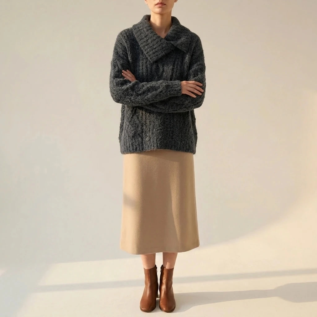 Turn-Down Collar Cable Knit Sweater Coat for Women Autumn Winter Retro Lazy Style Thick Chunky Knit Sweater — variant_front