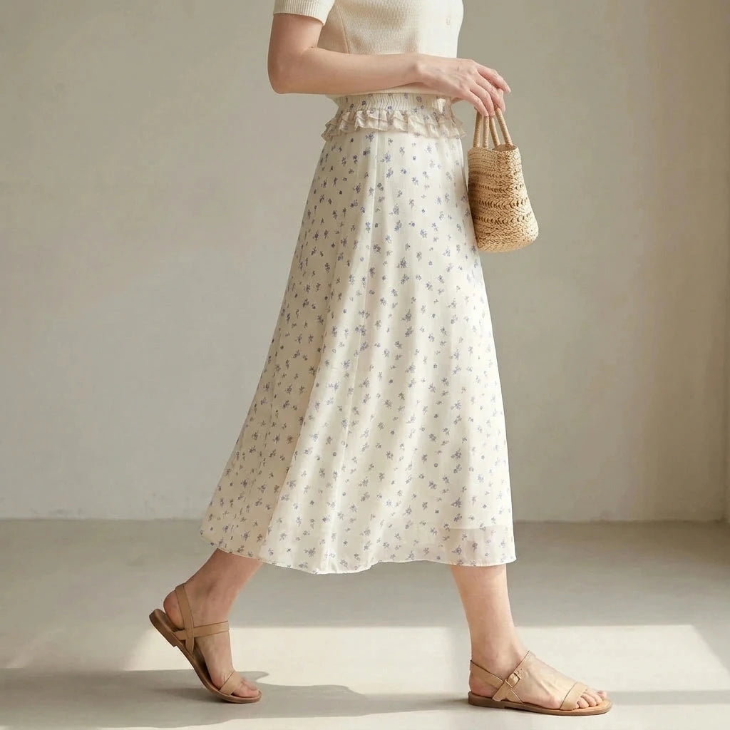 Elegant A-Line Chiffon Midi Skirt for Women, High Waist, Floral Print, Daily Office or Summer Outfits, Beige Polyester No Stretch — lifestyle