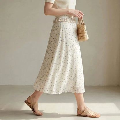 Elegant A-Line Chiffon Midi Skirt for Women, High Waist, Floral Print, Daily Office or Summer Outfits, Beige Polyester No Stretch — lifestyle