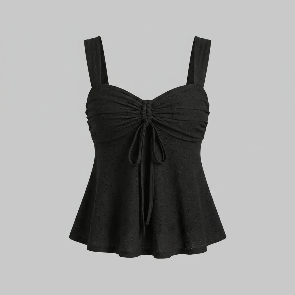 Women White Eyelet Lace Cami Top Casual Ruched Tie Front Peplum Camisole Top — variant_front
