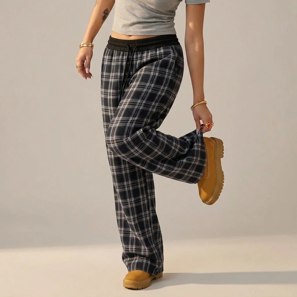 Loose Lazy Style Straight Leg Plaid Patchwork High Waist Drape Casual Sweatpants — variant_front