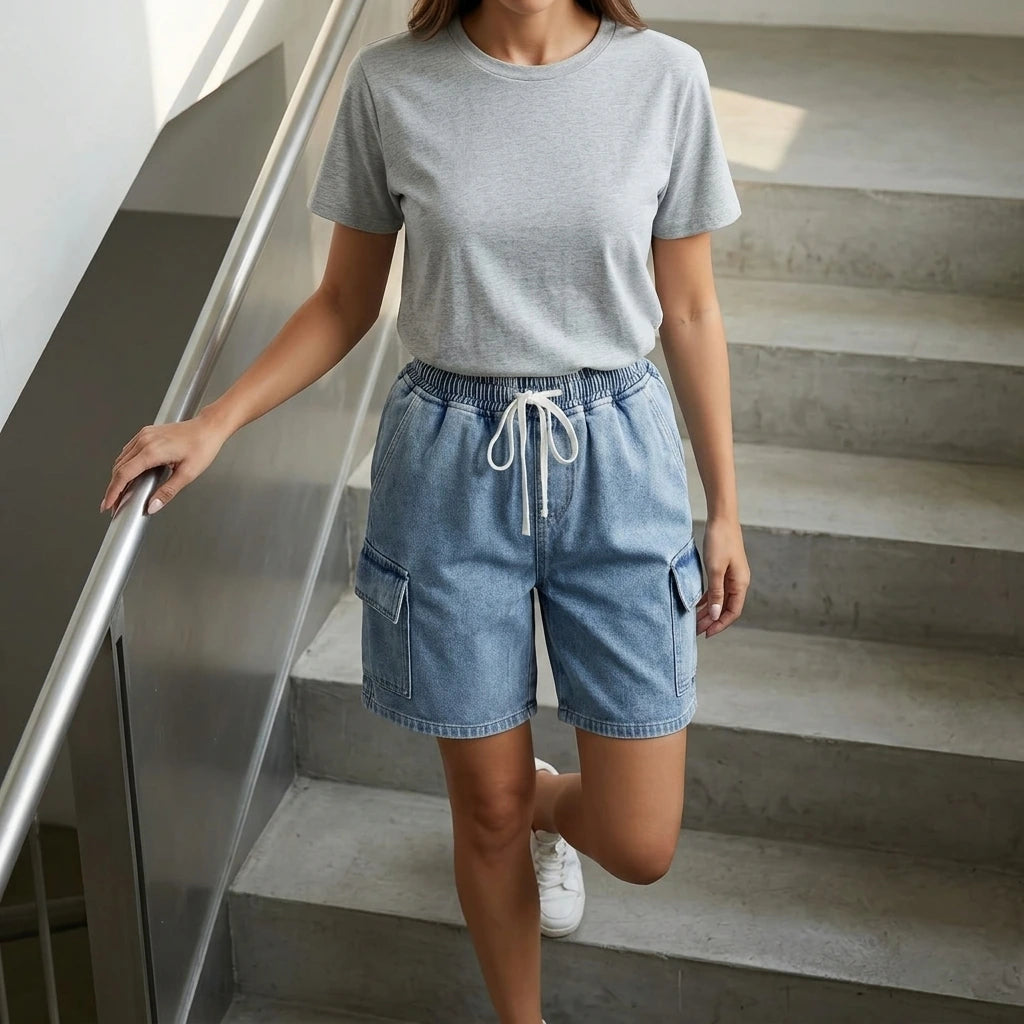 Drawstring Denim Shorts with Pockets — variant_front