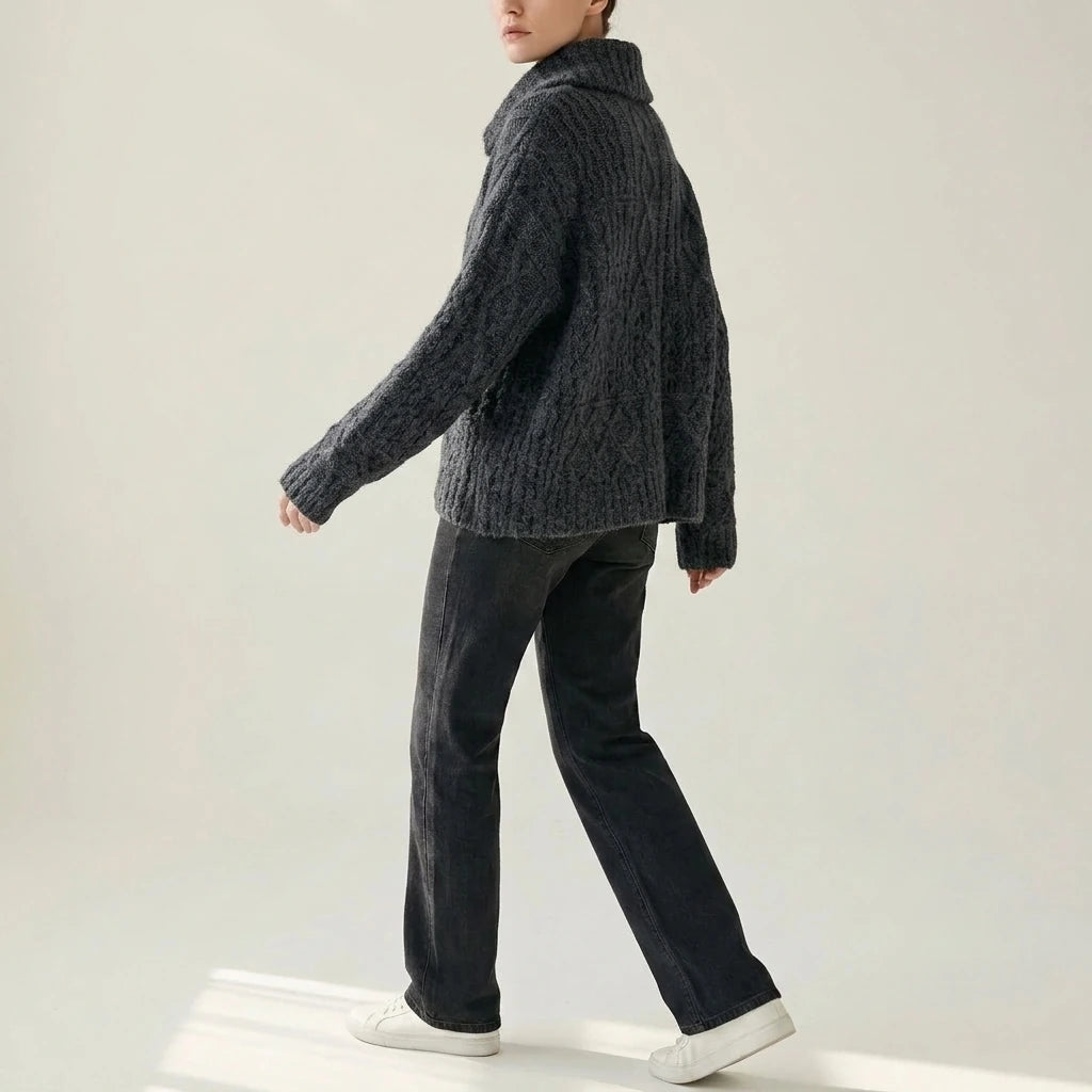 Turn-Down Collar Cable Knit Sweater Coat for Women Autumn Winter Retro Lazy Style Thick Chunky Knit Sweater — variant_front