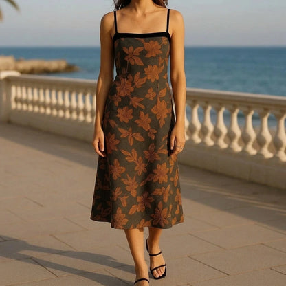 Formal Floral Midi Dress Women’s A-Line Slip Sleeveless Textured Jacquard Cocktail Graduation Occasionwear Natural Waist Polyester Caramel Summer — lifestyle