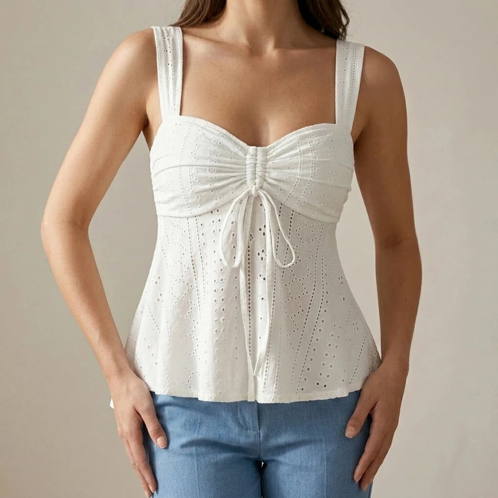 Women White Eyelet Lace Cami Top Casual Ruched Tie Front Peplum Camisole Top — lifestyle