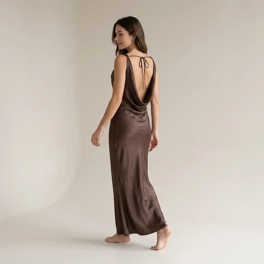 Second natural lifestyle image of a model wearing Coffee Cowl Neck Satin Maxi Dress