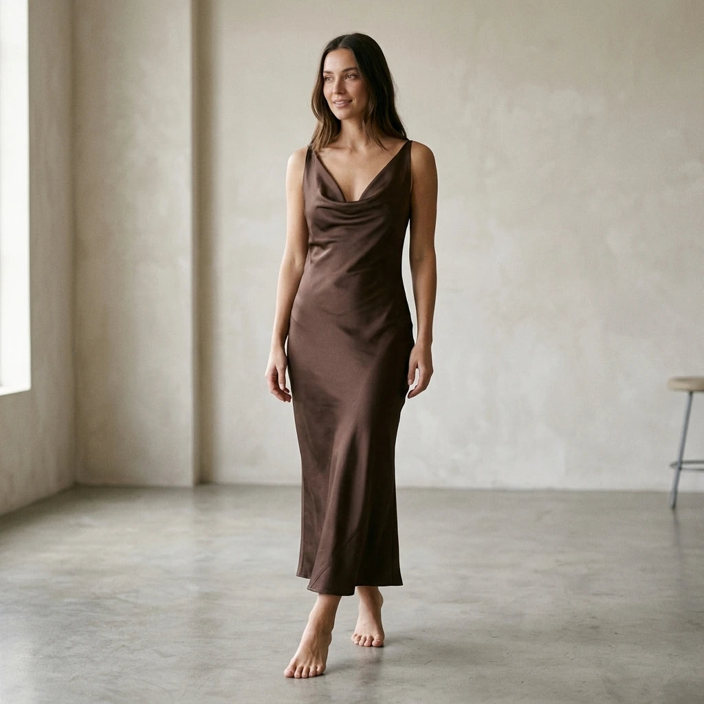 Third natural lifestyle image of a model wearing Coffee Cowl Neck Satin Maxi Dress