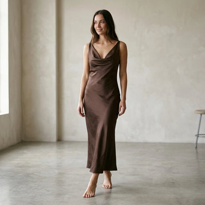 Third natural lifestyle image of a model wearing Coffee Cowl Neck Satin Maxi Dress