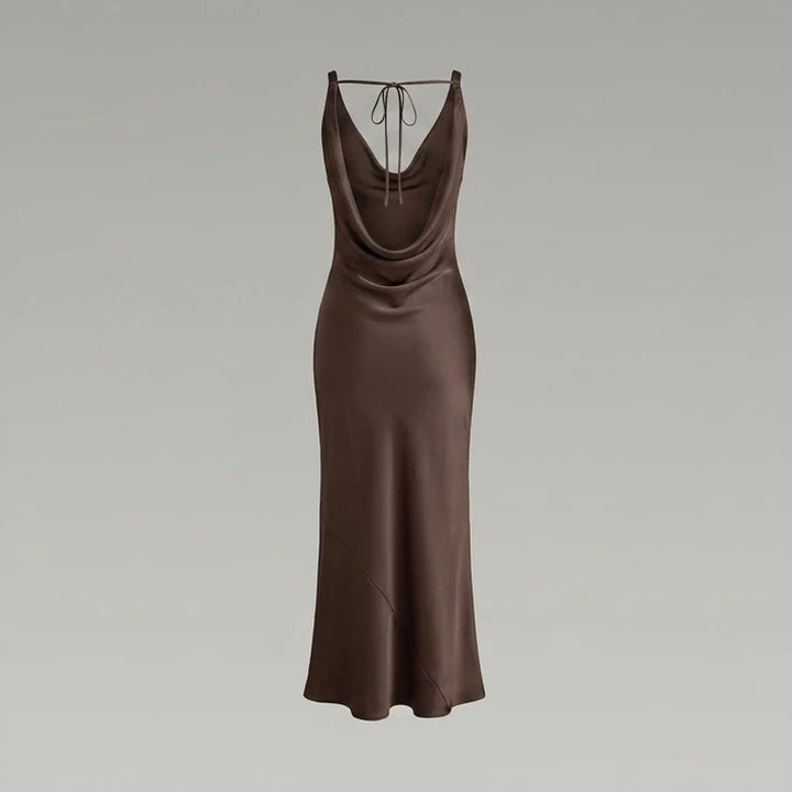 Back product-only image of Coffee Cowl Neck Satin Maxi Dress