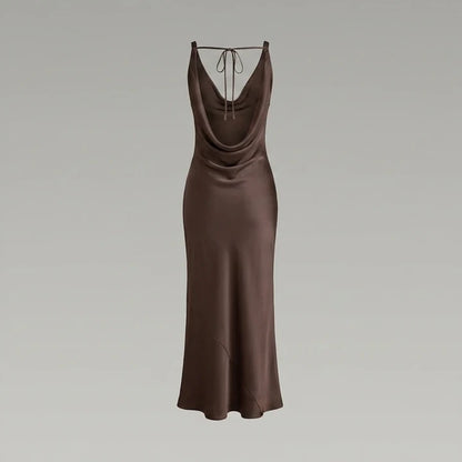 Back product-only image of Coffee Cowl Neck Satin Maxi Dress