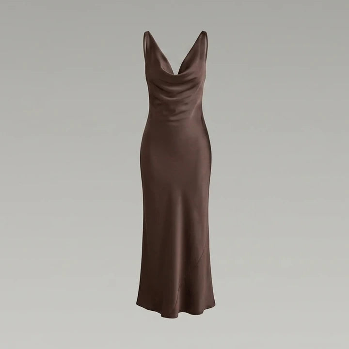 Front product-only image of Coffee Cowl Neck Satin Maxi Dress