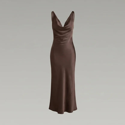 Front product-only image of Coffee Cowl Neck Satin Maxi Dress
