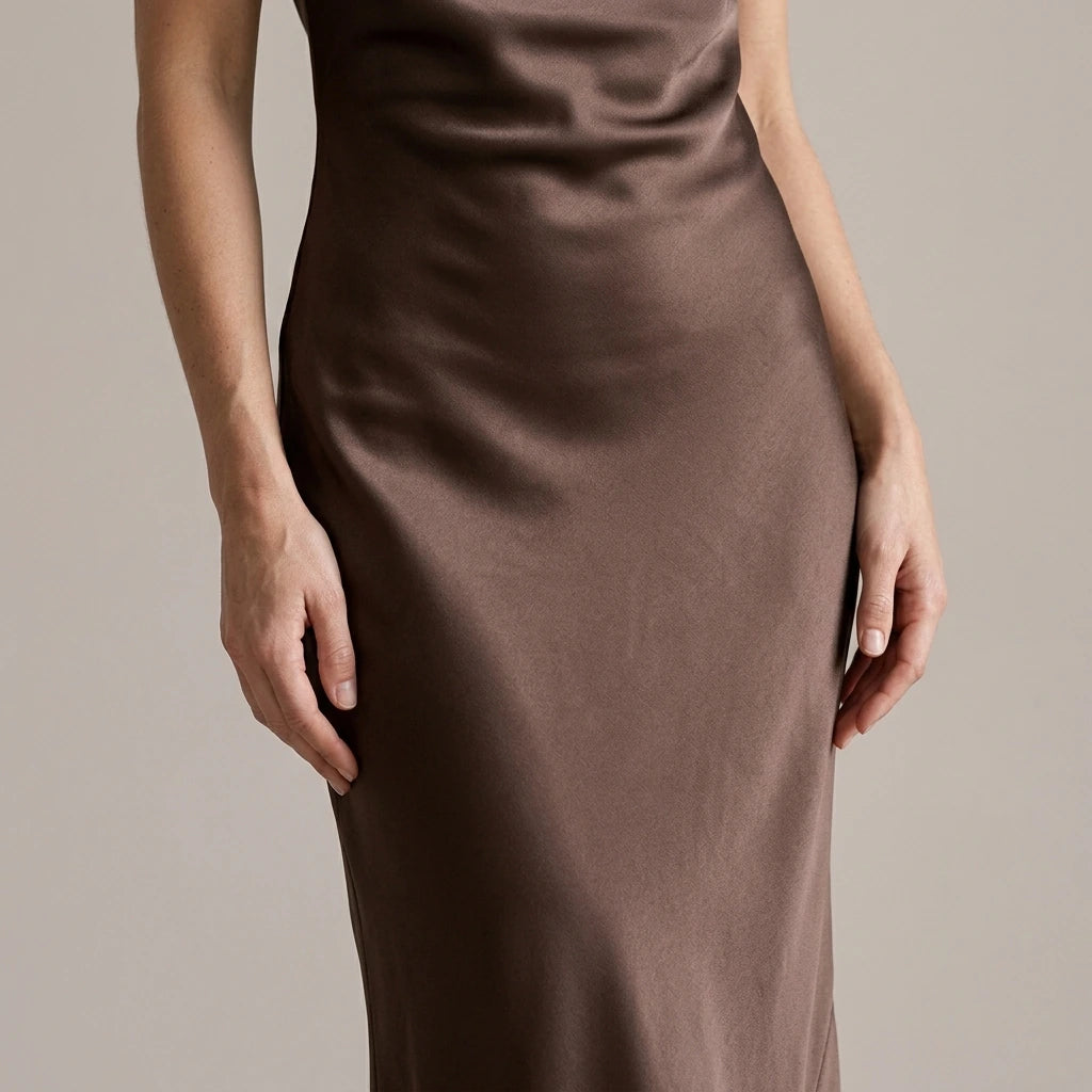 Model wearing Coffee Cowl Neck Satin Maxi Dress with close focus on the product
