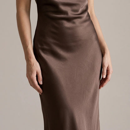 Model wearing Coffee Cowl Neck Satin Maxi Dress with close focus on the product