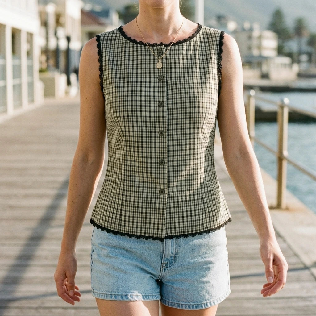 Retro Apricot Plaid Tank Top Women’s Sleeveless Boat Neck Contrast Tie Detail Daily Summer Hip Length Polyester No Stretch — lifestyle_lead