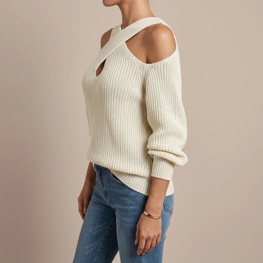 Hairy Rain Cross Neck Lantern Sleeve Knit Shirt Autumn and Winter New Type Solid Color Shoulderless Sweater — lifestyle