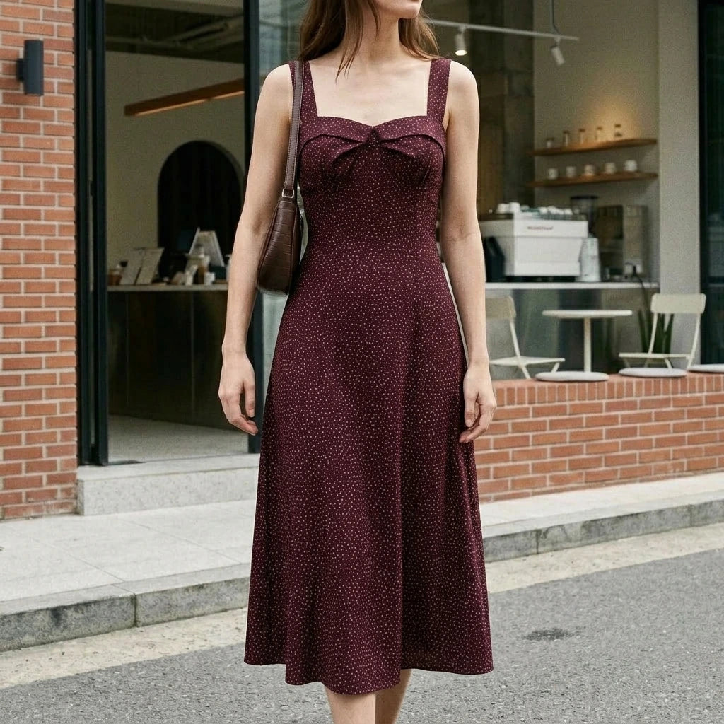 Elegant Wine Red Slip Midi Dress Women’s A-Line Sleeveless Natural Waist Daily Wear Summer Spring Geometric Polyester — lifestyle_lead