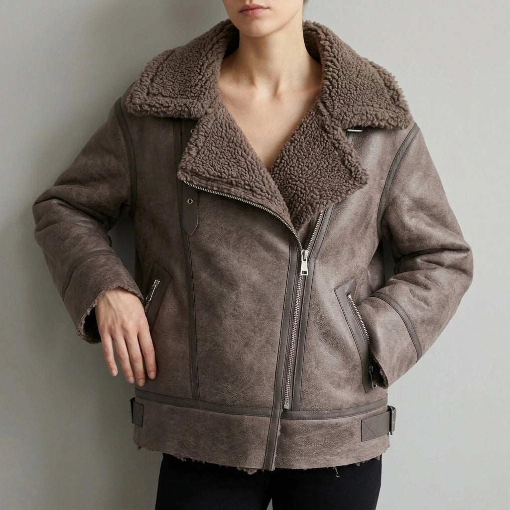 Women's Faux Shearling Long Sleeve Stand-Up Collar Reversible Jacket Coat — lifestyle