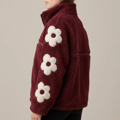 Autumn and Winter Puff Flower Patch Embroidery Half High Collar Zipper Shake Fleece Teddy Coat — lifestyle