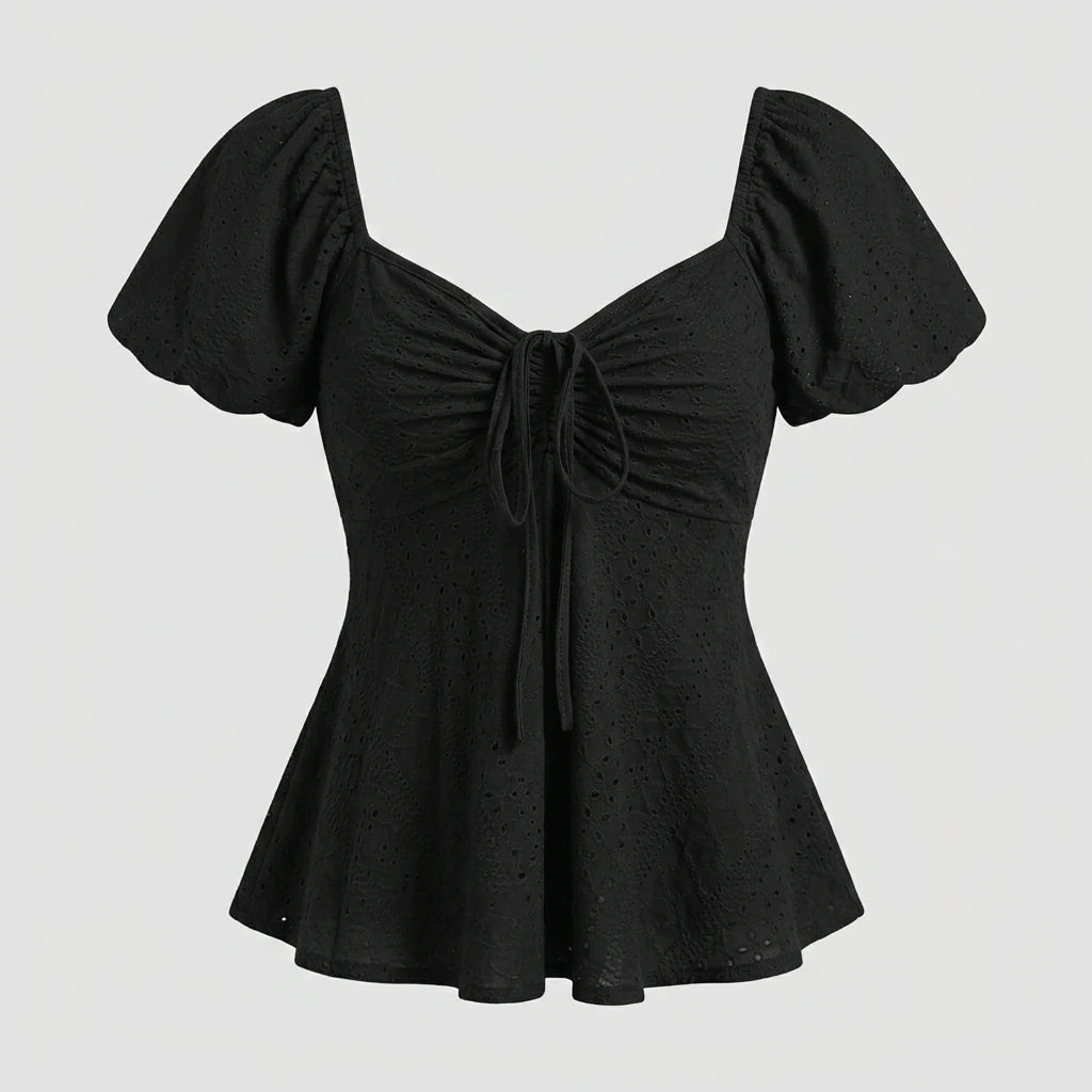 2026 Women Y2k Summer Tops V-Neck Drawstring Sexy Lace Up Short Sleeve Solid Color Shirts Female Elegant Casual Fashion Blouses — variant_front