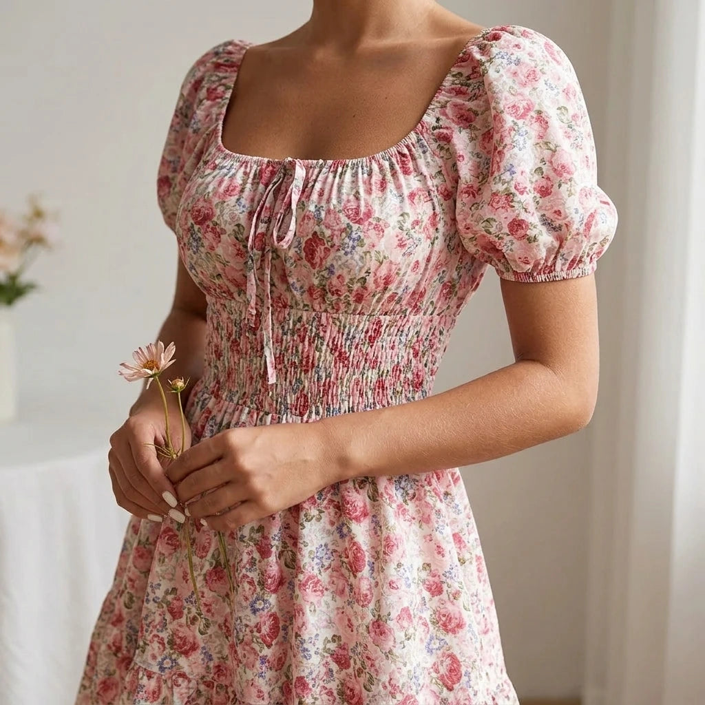 Pink Floral Slim Fit Camisole Midi Dress, Square Neck Sleeveless, Casual Polyester, Summer — lifestyle
