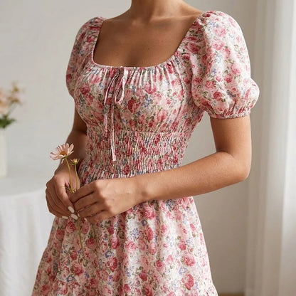 Pink Floral Slim Fit Camisole Midi Dress, Square Neck Sleeveless, Casual Polyester, Summer — lifestyle