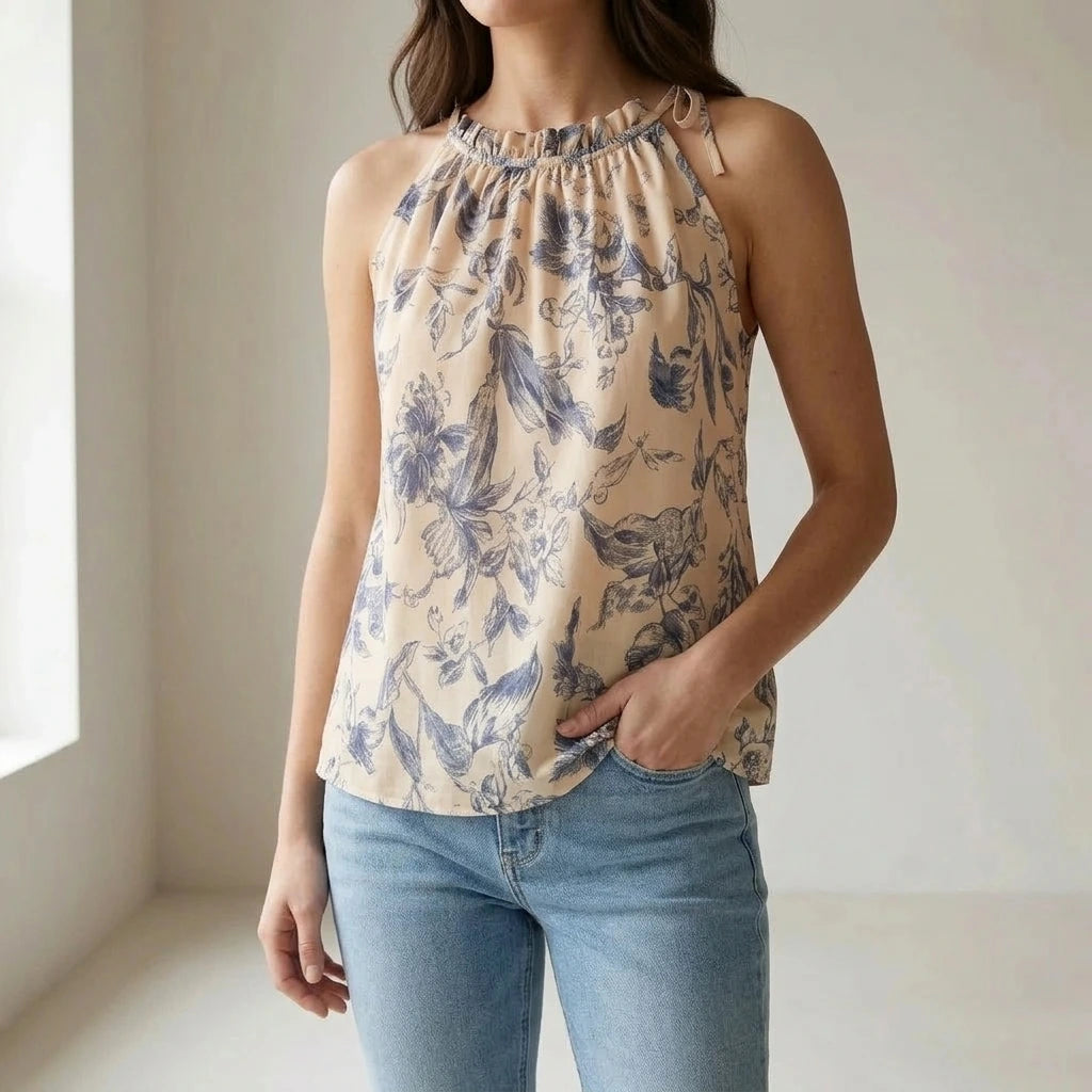 Stylish Floral Ruched Ruffle Tank Top for Women, Sleeveless Wrap, Casual Daily Summer Resortwear, Hip Length, Apricot, Polyester — lifestyle