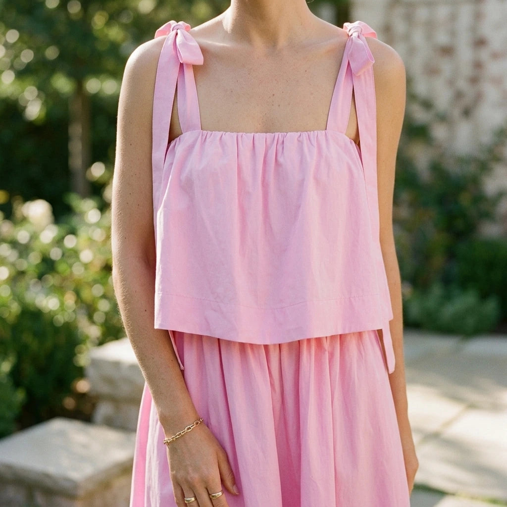 Pink Midi Dress Camisole Slip Dress Sleeveless Bow Detail Elastic Polyester Sweet Summer — lifestyle