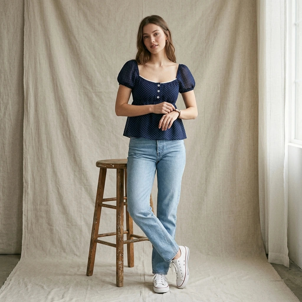 Polka Dot Babydoll Top Women Summer Sweet Korean Puff Short Sleeve Chiffon Blouse Square Neck Summer Vintage Youthful T-shirt — lifestyle_lead