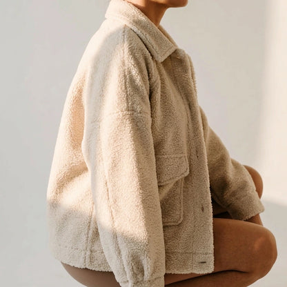 Beige Flap Button Pocket Sherpa Jacket — lifestyle