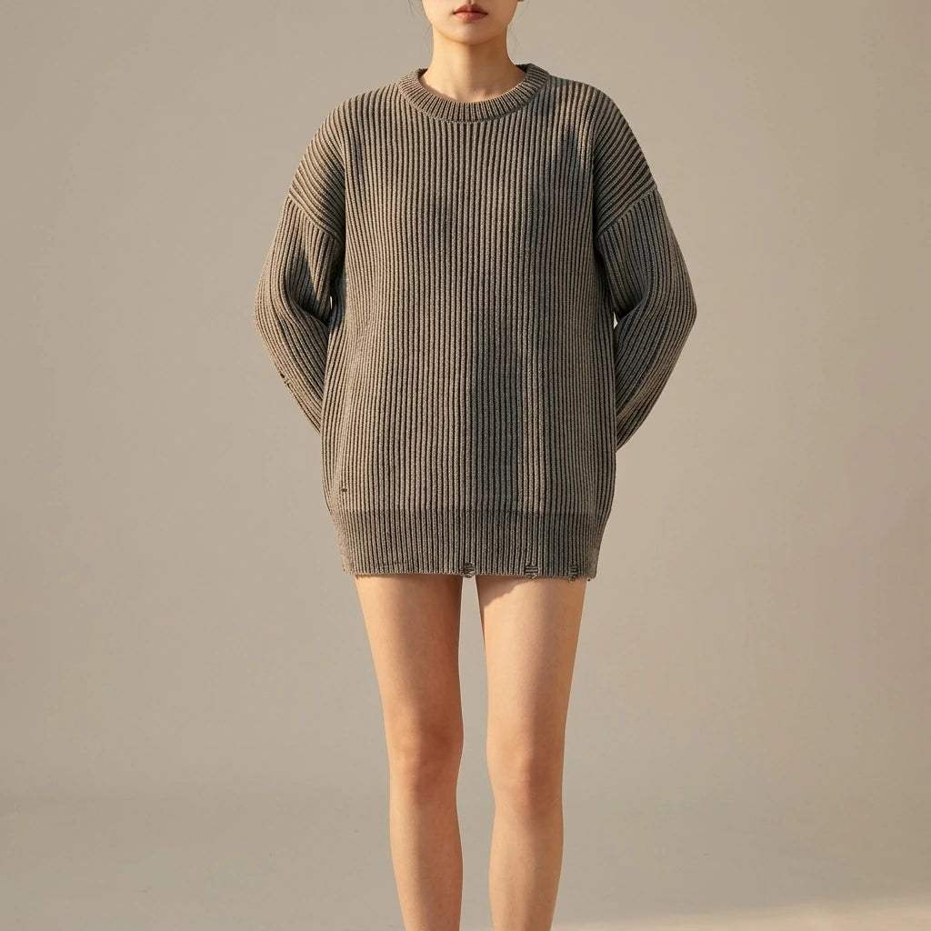 Simple Solid Color Distressed Chunky Knit Crewneck Loose Pullover Sweater — variant_front
