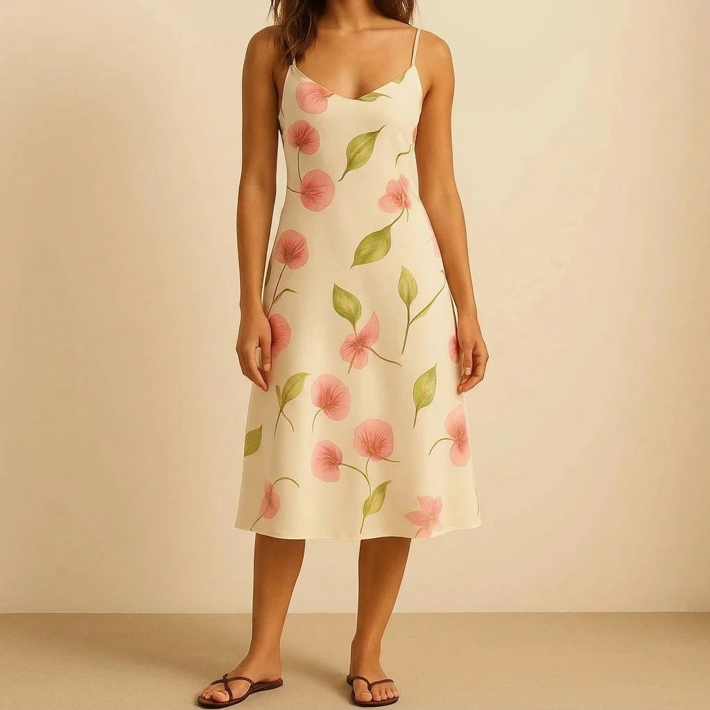 White Floral Slip Midi Dress for Women Sleeveless Sheath A-Line Natural Waist Beach Vacation Brunch Summer Wedding Poly No Stretch White — lifestyle