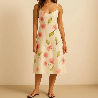 White Floral Slip Midi Dress for Women Sleeveless Sheath A-Line Natural Waist Beach Vacation Brunch Summer Wedding Poly No Stretch White — lifestyle