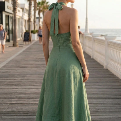 Green Halter Sheath Midi Dress for Women, Sleeveless Beach Vacation A-Line, Natural Waist with Pockets, Summer Spring Polyester — lifestyle_lead