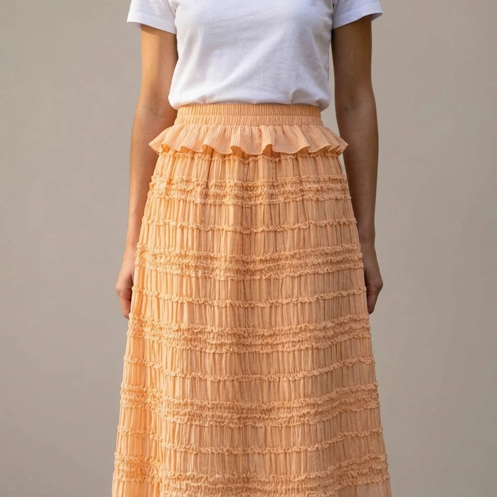 Elegant A-Line Midi Skirt for Women Shirred High Waist Elastic Waistband Workwear Daily Office Summer Spring Apricot Solid Polyester Medium Stretch — lifestyle