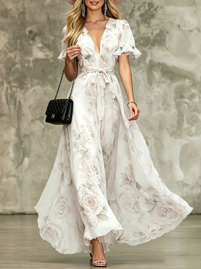 Pink Printed Maxi Dress, Deep V-Neck Ruffle Sleeve, High Waist, Effortless Summer Style — variant_front