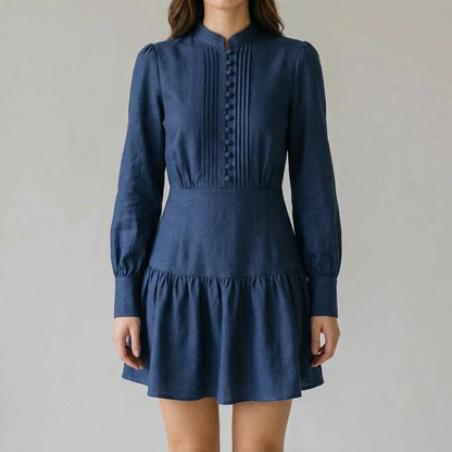 Blue Pleated Skater Mini Dress Women's Casual A-Line Daily Wear Mandarin Collar Long Bishop Sleeve Natural Waist Solid Polyester Autumn Winter — lifestyle