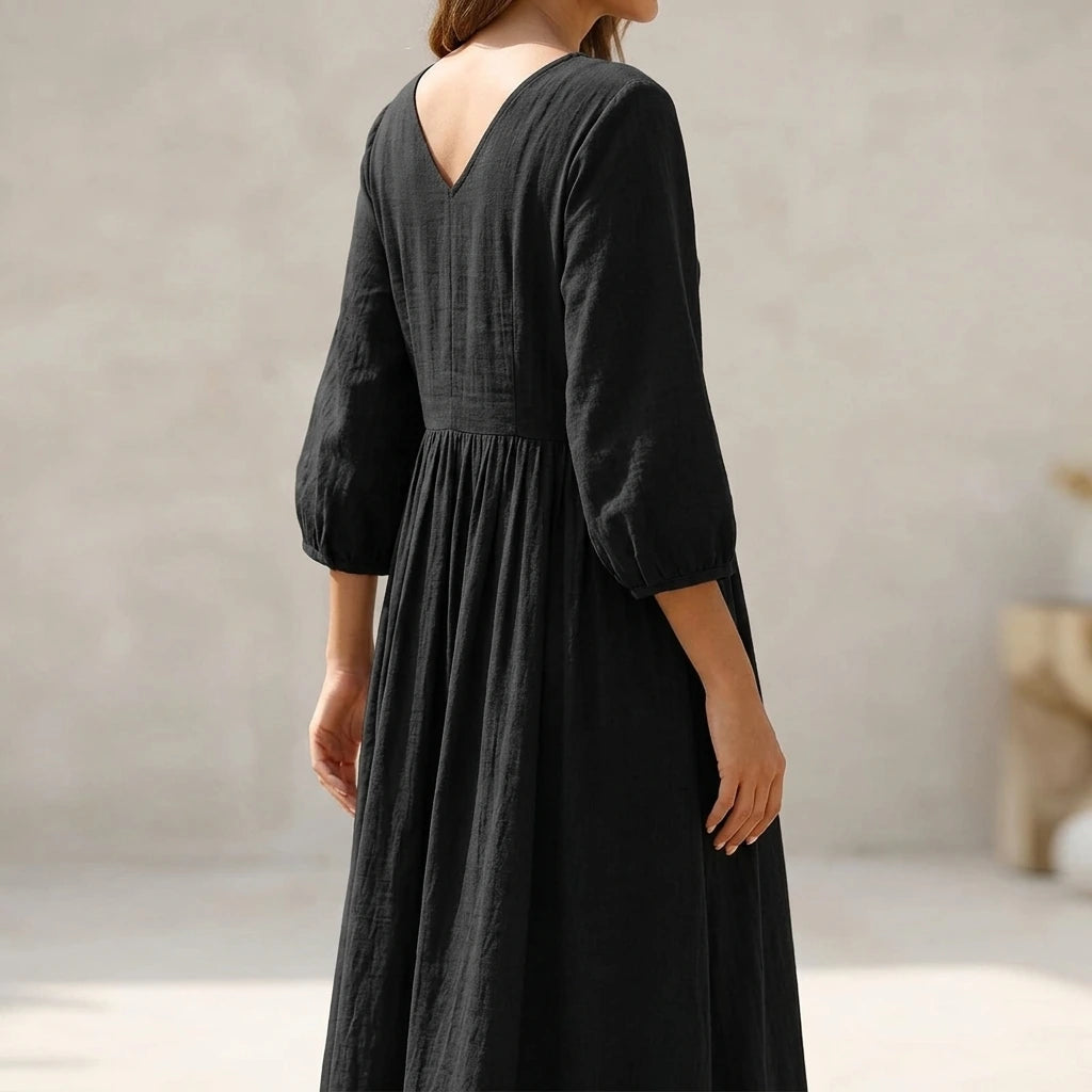 Black V-Neck Long Pleated Dress, Cotton Linen Loose Fit, Three-Quarter Sleeve, Casual Spring — lifestyle