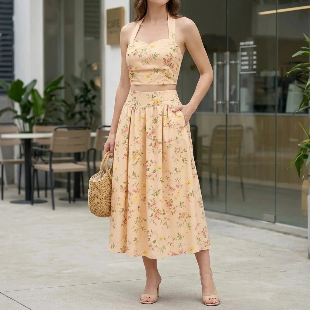 Effortless Floral Shirred Two Piece Skirt Set for Women Casual Daily Wear A-Line Elastic Waist Halter Sleeveless Midi Apricot Polyester Spring Summer — lifestyle