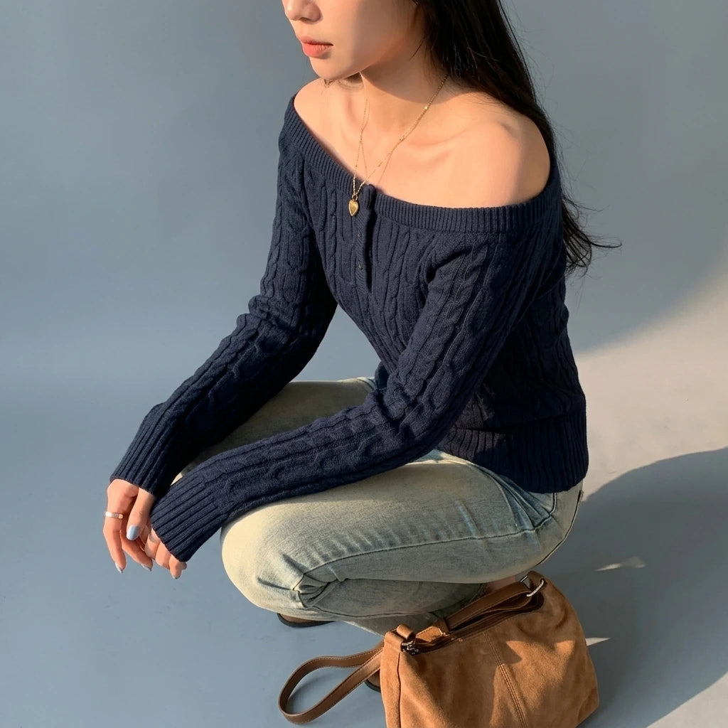 Chunky Knit Off-Shoulder Grey Sweater Top for Women, Long Sleeve, Short Length — variant_front