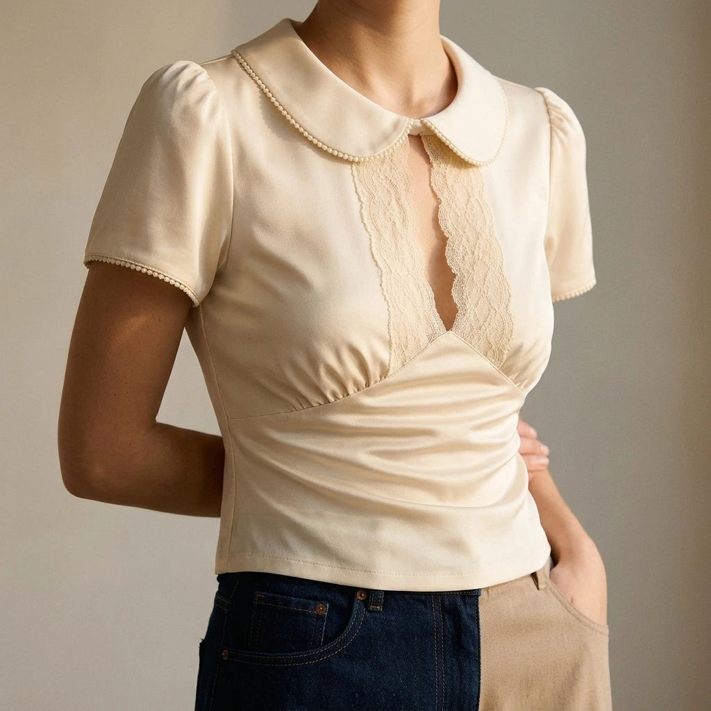 Apricot Ruched Splicing Tee Top Women's Casual Short Sleeve Puffed Sleeve Office Daily Wear Lace Detail Solid Polyester Summer Spring — lifestyle