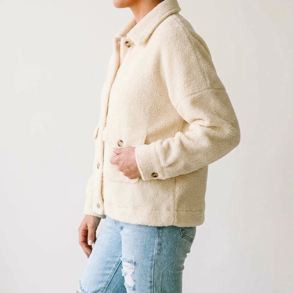 Beige Flap Button Pocket Sherpa Jacket — lifestyle