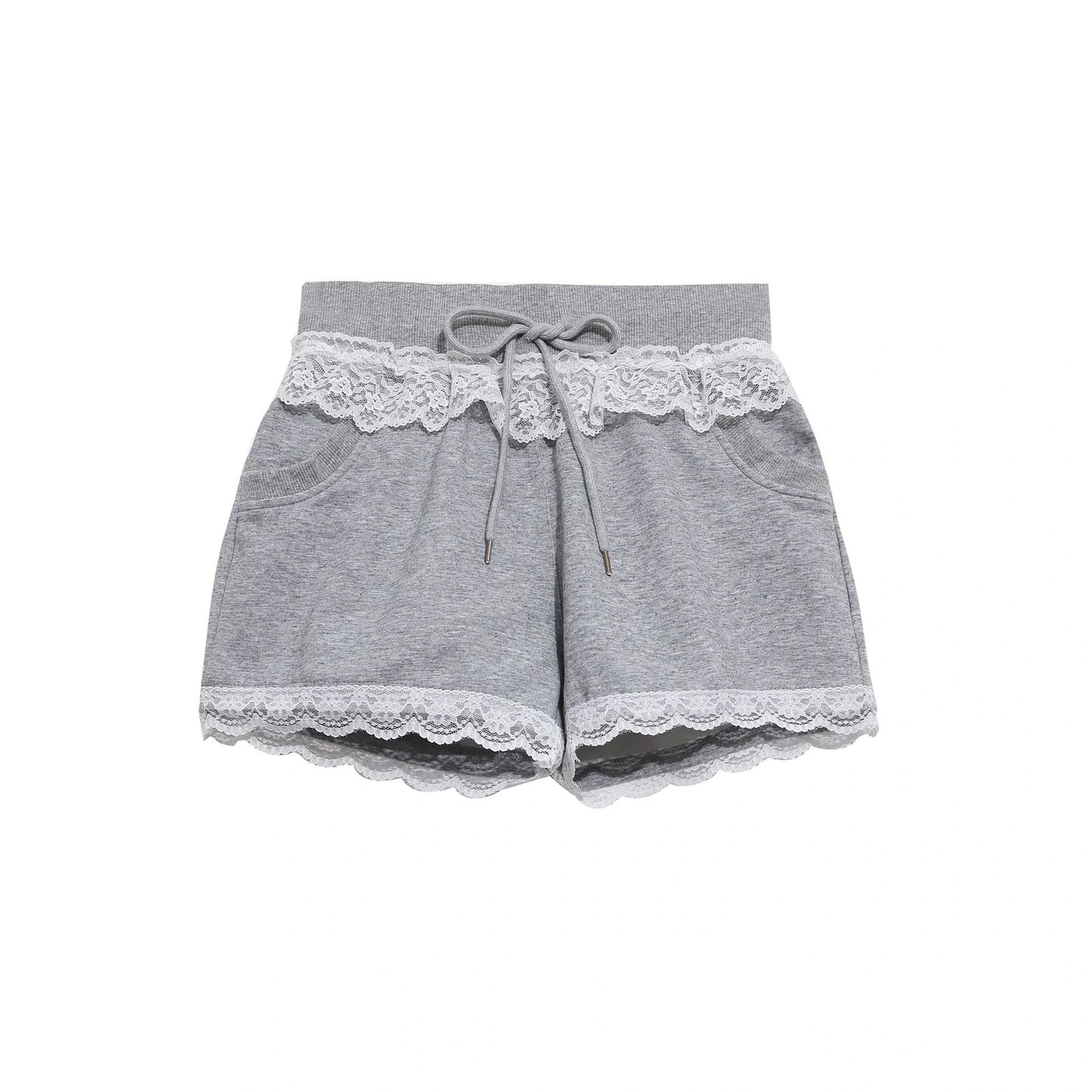 Gray Lace Trim Sports Shorts High Waisted Drawstring Loose Fit Cotton Blend Casual Summer — variant_front
